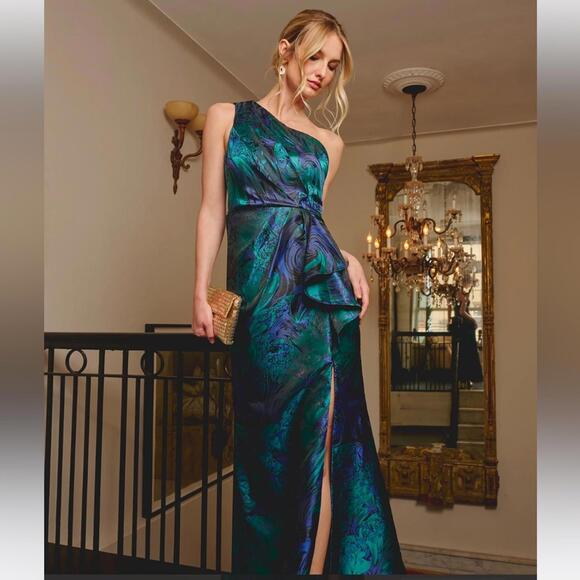 Adrianna Papell Dresses & Skirts - Adrianna Papell One Shoulder Jacquard Mermaid Gown Drape Detail Cobalt Green *8
